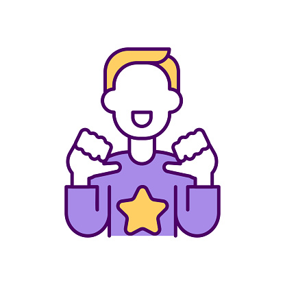 Opinion leader RGB color icon. Personal brand. Positive impact creating. Man with star on his chest. Individual identity. Social media influencer. Unique branding. Isolated vector illustration