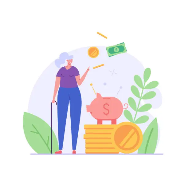 Vector illustration of Elderly woman standing next to a piggy bank and coins. Concept of pension savings, insurance pension, funded pension, investments. Vector illustration in flat design