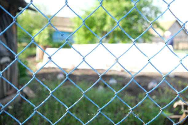 istock Metallic blue mesh on a green blurred background. Selective focus. Blue grid 1319775719