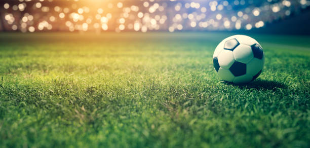 Football soccer ball on grass field on stadium Football soccer ball on grass field on stadium in spotlight european football championship stock pictures, royalty-free photos & images