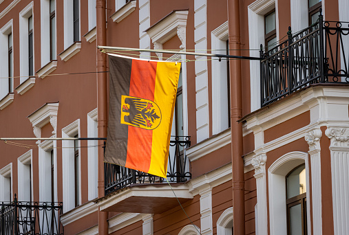 Saint Petersburg, Russia - May 15, 2021: Flag of Germany on the embassy building in Saint Petersburg, Russia