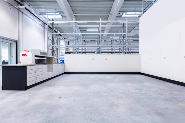 Warehouse office in industrial hall Warehouse office in industrial hall with racking storage racks. Shelving system warehouse office stock pictures, royalty-free photos & images