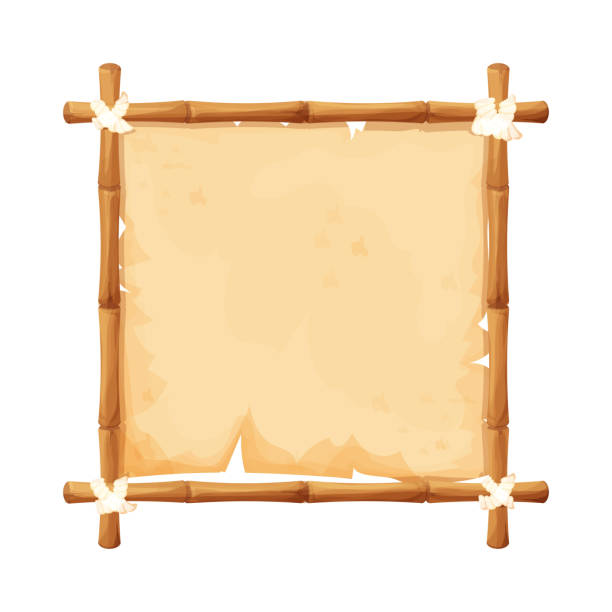 istock Hawaiian bamboo frame with old parchment and rope in cartoon style isolated on white background. Empty signboard, template poster. 1319778380