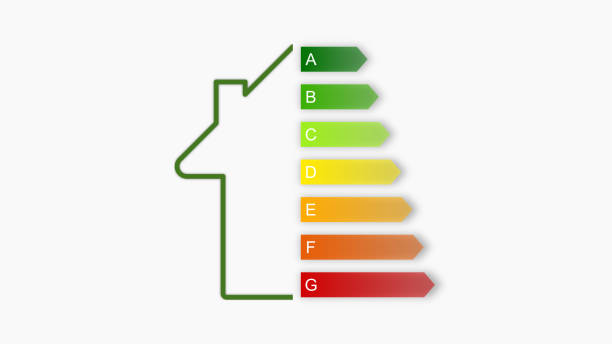 диаграмма энергоэффективности и половина дома. зеленый дом, энергоэффективная концепция дома. - energy efficiency rating stock illustrations