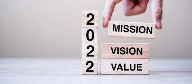 istock Businessman hand holding wooden cube with text 2022 Mission, Vision and Value on table background. Resolution, strategy, solution, goal, business and New Year holiday concepts 1319783438
