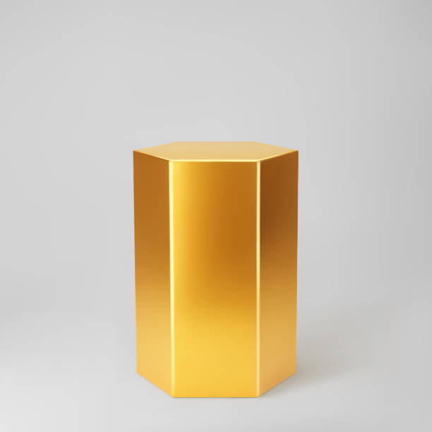 istock Gold 3d hexagon podium with perspective isolated on grey background. Product podium mockup in hexagon shape, pillar, empty museum stage or pedestal. 3d basic geometric shape vector illustration 1319784412