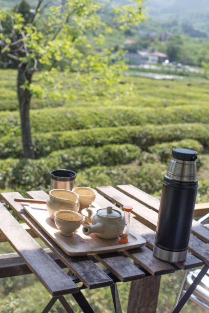 istock ceramic tea set herbal tea, fresh green tea leaves background. 1319785086