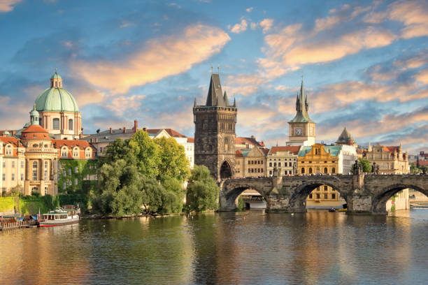 istock Vltava river and Charles bridge at sunset, Prague, Czech republic 1319785979