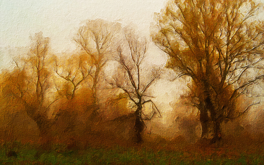 Oil landscape painting showing forest in autumn.