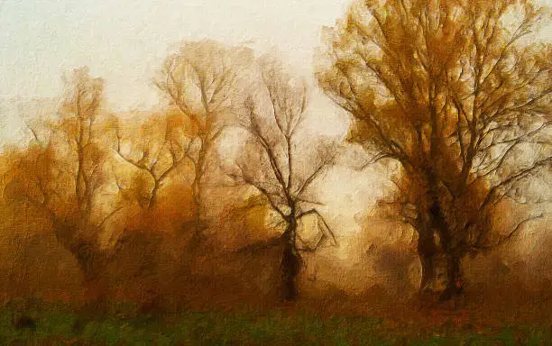 Oil landscape painting showing forest in autumn.