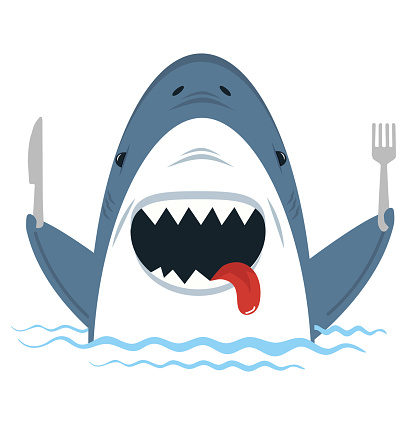 White Shark  holding spoon and fork