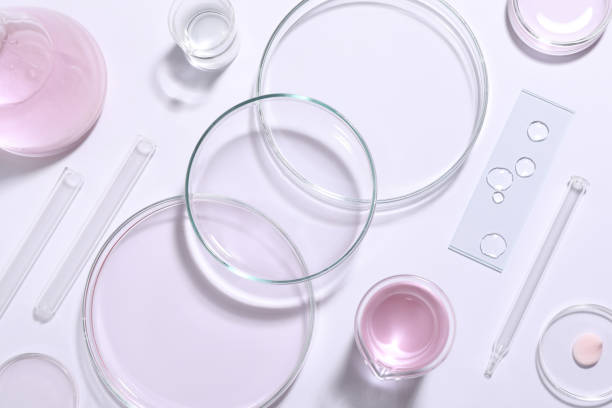 istock Organic cosmetic product and laboratory glassware on white background, top view 1319788663