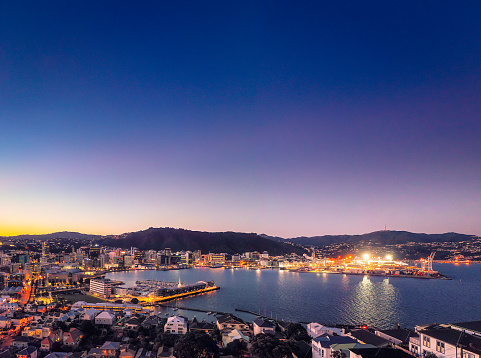 A view over Wellington's city centre at dusk.