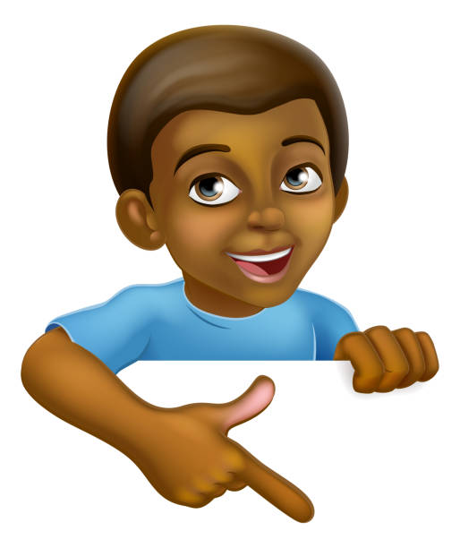 Black Boy Cartoon Child Kid Pointing Sign A young black little boy cartoon child character kid peeking over a background sign and pointing. white background smiling minority african descent stock illustrations