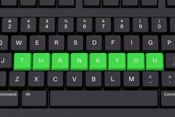 Thank you green sign. On a black keyboard. 3d render illustration.