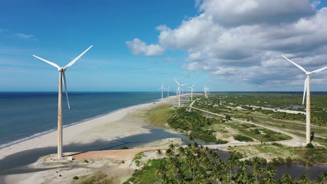 Aerial landscape of clean energy wind farm at beach landmark near Jericoacoara, Ceara, Brazil. Tropical scenery.  Sustainable energy turbines. Clean energy to control climate change and save planet
