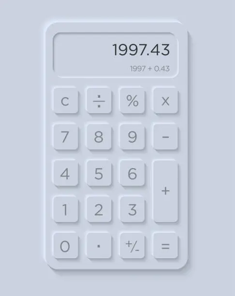 Vector illustration of Calculator User Interface in Modern and Clean Skeuomorphism or Neumorphism UI / UX Style in Light and Dark Mode for Mobile App or Website Design