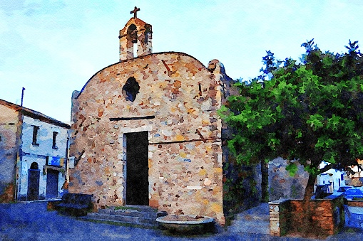 One of the historic churches on the island of Sardinia in Italy. Digital watercolor painting