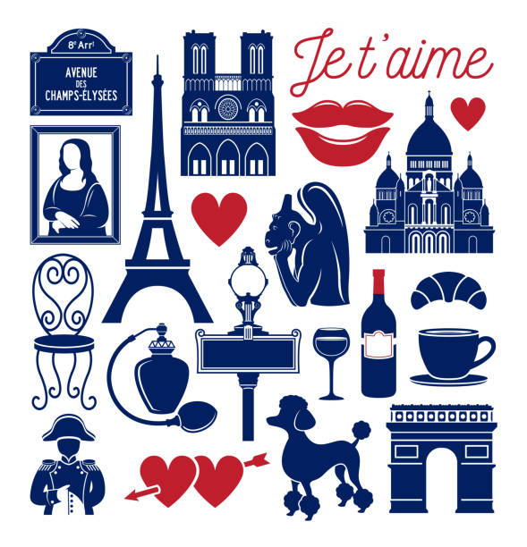 paris simgeleri fransız seyahat landmarks vektör i̇llüstrasyon ayarlayın - notre dame stock illustrations