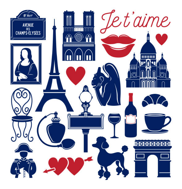 Paris Icons Set French Travel Landmarks Vector Illustration Set of icons related to Paris, France. Eiffel Tower, Arch of Triumph, Notre Dame cathedral, French poodle, Gargoyle, French kiss and more. gargoyle stock illustrations