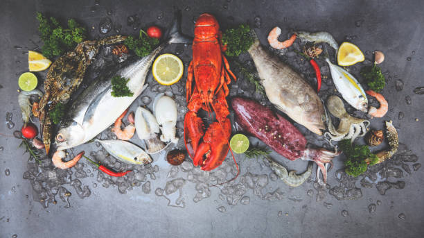 istock Fresh fish and seafood plate with Shellfish shrimps prawns crab shell squid octopus crab lobster and fish ocean gourmet dinner, Fresh raw seafood on ice with herbs and spices at the fish market food 1319802218