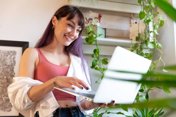 istock Woman at home uses laptop 1319803807