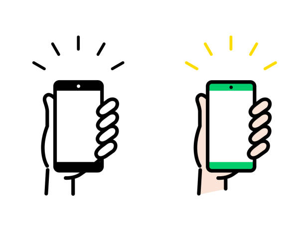 ilustraciones, imágenes clip art, dibujos animados e iconos de stock de icono del smartphone en el conjunto de manos - teléfono inteligente