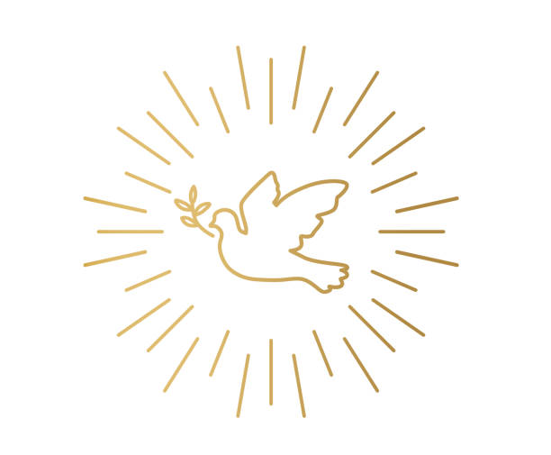 illustrazioni stock, clip art, cartoni animati e icone di tendenza di colomba d'oro con ramo d'ulivo, spirito santo, concetto di pace - communion