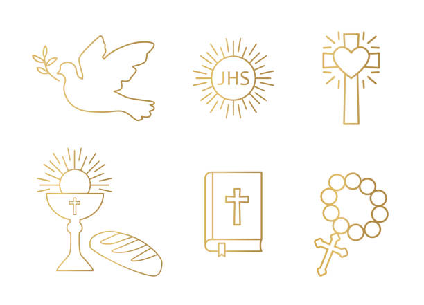 złoty zestaw ikon chrześcijaństwa; gołąb, komunia święta, krzyż, kielich i chleb, biblia i różaniec - rosary beads bible prayer beads catholicism stock illustrations