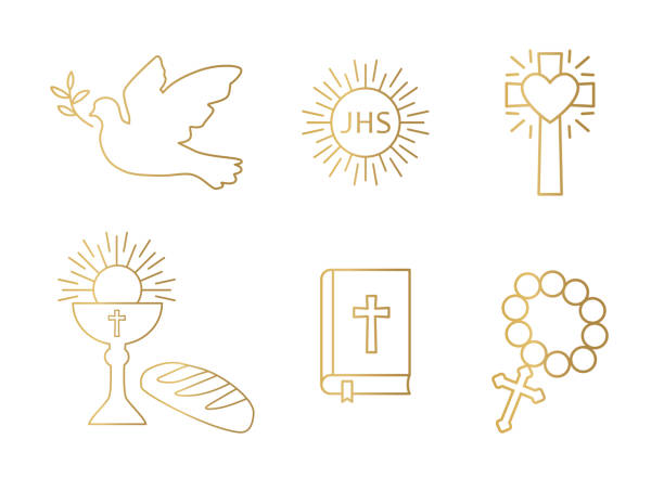 ilustrações, clipart, desenhos animados e ícones de conjunto de ícones do cristianismo dourado; pomba, comunhão sagrada, cruz, cálice e pão, bíblia e rosário - communion