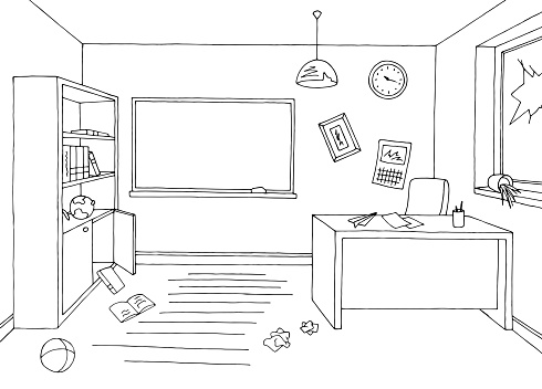 Classroom Mess Graphic Black White Interior Sketch Illustration Vector  Stock Illustration - Download Image Now - iStock