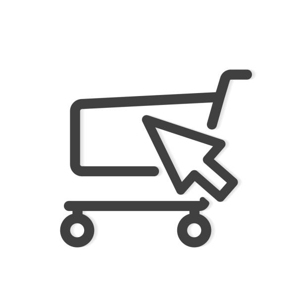 stockillustraties, clipart, cartoons en iconen met trolley met computer muisaanwijzer, concept online winkelen, e-commerce - winkelwagen