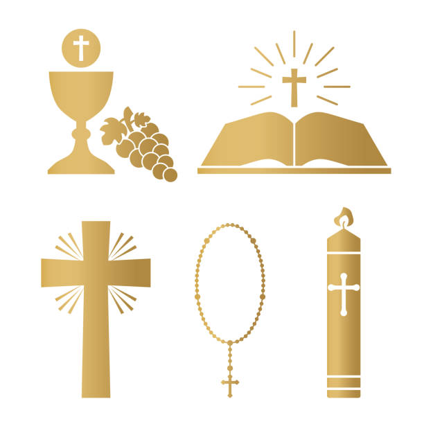 ilustraciones, imágenes clip art, dibujos animados e iconos de stock de conjunto de iconos del cristianismo dorado; cáliz de comunión, biblia, cruz, rosario y vela - eucaristia