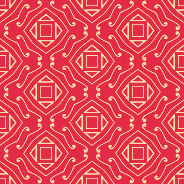 ilustrações, clipart, desenhos animados e ícones de belo padrão de fundo com ornamento geométrico no fundo vermelho, papel de parede. padrão sem emenda, textura. imagem vetorial - silk textile red backgrounds