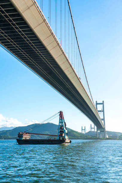 istock Under the tracks, Tsing ma bridge at sunset moment 1319805103