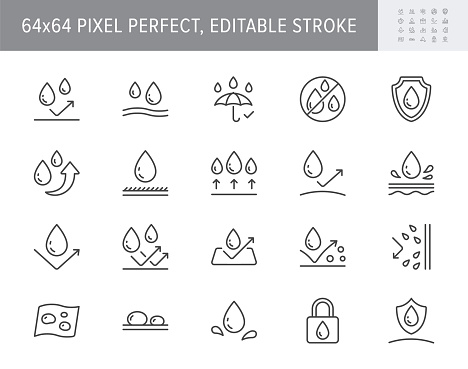 Waterproof line icons. Vector illustration include icon - shield, hydrophobic material, membrane, umbrella, oleophobic outline pictogram for anti water protect. 64x64 Pixel Perfect, Editable Stroke.