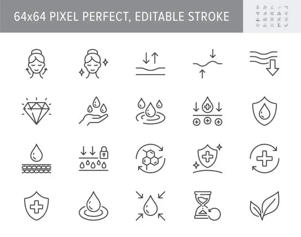 Vector illustration of Cosmetic properties line icons. Vector illustration include icon - shield, face lifting, collagen, dermatology, serum outline pictogram for skincare product. 64x64 Pixel Perfect, Editable Stroke