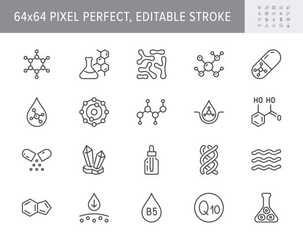 화장품 화합물 라인 아이콘. 벡터 일러스트는 아이콘을 포함 - 비타민, 항산화, 코엔자임 q10, 미용 화학 성분에 대한 콜라겐 윤곽 그림. 64x64 픽셀 완벽, 편집 가능한 스트로크 - molecular structure formula molecule chemistry stock illustrations
