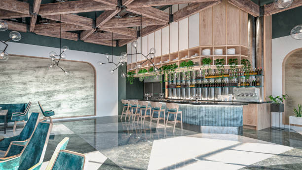 istock Empty large modern restaurant bar with tables and bar stools, illuminated by large windows in the background 1319806372