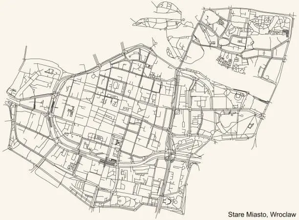 Vector illustration of Street roads map of the Stare Miasto district of Wroclaw, Poland