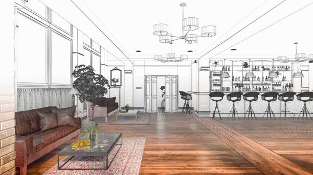 Empty large retro restaurant bar with lounge corners, tables and bar stools, half blueprint half 3D rendered image.