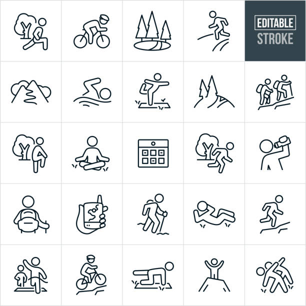 A set of outdoor exercise icons that include editable strokes or outlines using the EPS vector file. The icons include people engaging in exercise and fitness activities outdoors. They include a person stretching, person cycling, park, person running, mountain trail, mountain road, person swimming, person doing yoga outdoors, mountain hiking trail, people hiking, person exercising with tree in the background, person meditating in the grass, calendar, person running in the park, person drinking from water bottle, hiker hiking, hand holding a device with GPS and trail map on screen, person hiking solo, person doing sit-ups in the grass, person trail running, people running a race and crossing finish line, mountain biker climbing hill, person on top of mountain, and other related icons.