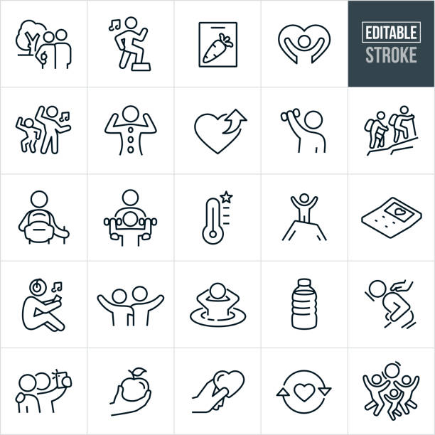 A set of health and wellness icons that include editable strokes or outlines using the EPS vector file. The icons include a couple in nature, person doing step aerobics for physical activity, carrot on a cutting board representing healthy eating, person with the shape of a heart behind them, two people dancing, person getting a spa treatment, people living healthy lifestyles, people taking care of there health, person lifting weights, two people hiking, one person hiking, fitness coach working with client to lift weights, goal meter, person on top of a mountain with arms raised, health calculator, person relaxing while listening to music, friends with arms around shoulders waving, person relaxing in a hot tub, water bottle full of water, person getting a massage, two people taking a selfie, hand holding an apple, hand holding a heart shape, physical and metal well being and a family playing with a large ball.