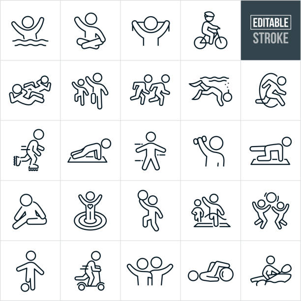 kindheit fitness dünne linie icons - editierbare schlaganfall - jugendfußball stock-grafiken, -clipart, -cartoons und -symbole