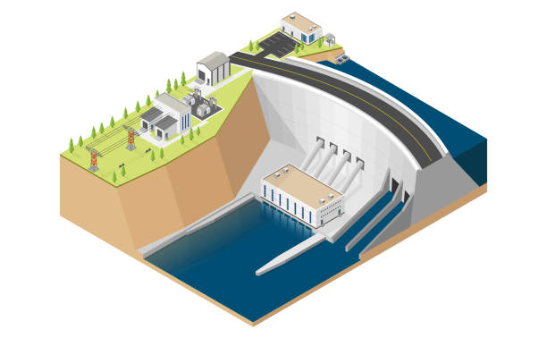 illustrazioni stock, clip art, cartoni animati e icone di tendenza di centrale idroelettrica, diga con turbina idroelettrica in grafica isometrica - hydro power