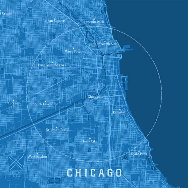ilustraciones, imágenes clip art, dibujos animados e iconos de stock de chicago il city vector road map texto azul - chicago