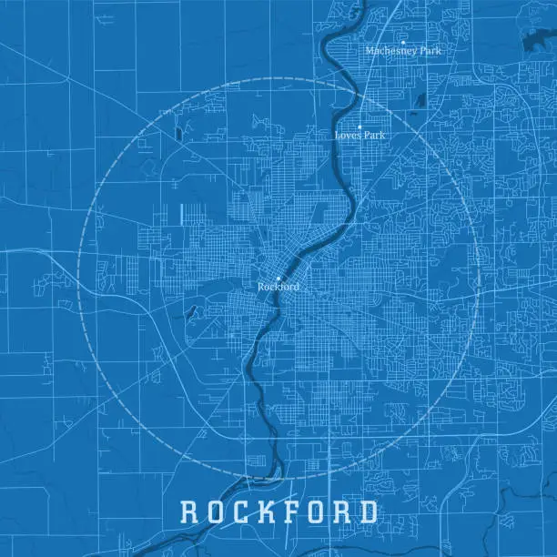 Vector illustration of Rockford IL City Vector Road Map Blue Text
