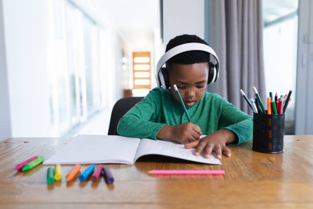istock African american boy in online school class, using headphones and writing in his notebook 1319810420