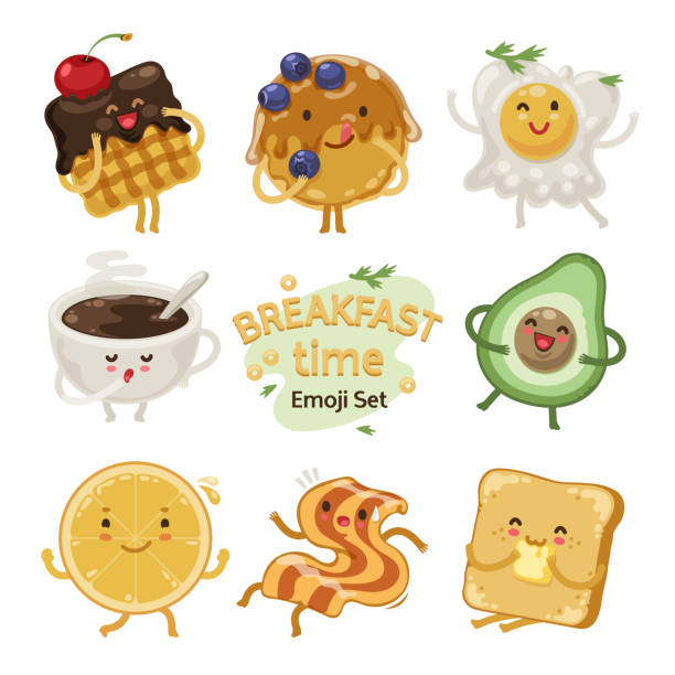 время завтрака emoji установить - bread waffle bacon toast stock illustrations