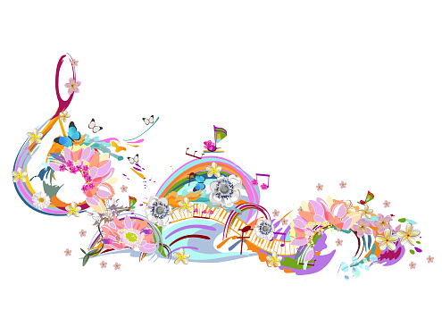 Abstract treble clef decorated with summer and spring flowers, palm leaves, notes, birds. Hand drawn musical vector illustration.